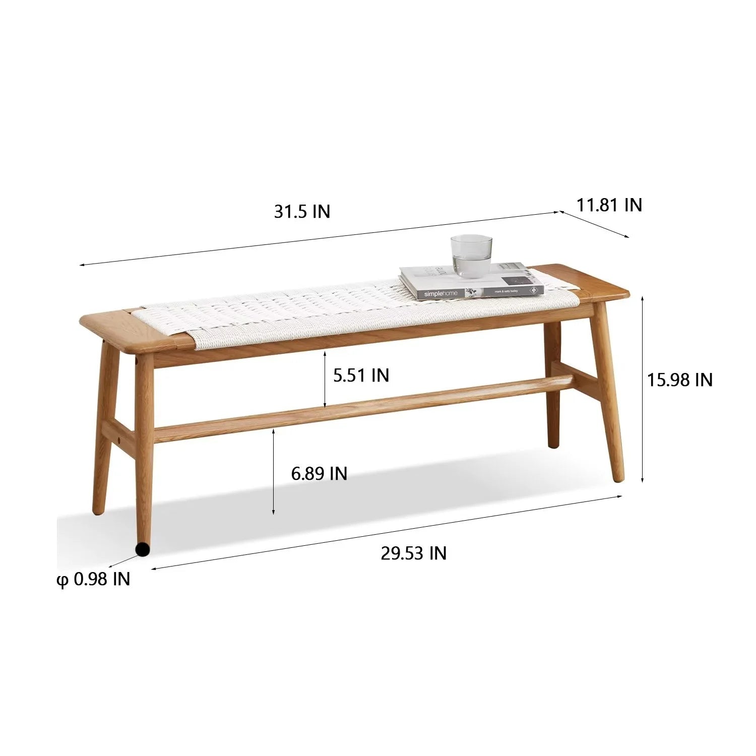 Woven Design Dining Bench, Solid Wood Bed End Bench with 4 Solid Legs and Woven Cover, Long Kitchen Dining Bench for Living Room Dining Room Bathroom, Easy Assembly, White
