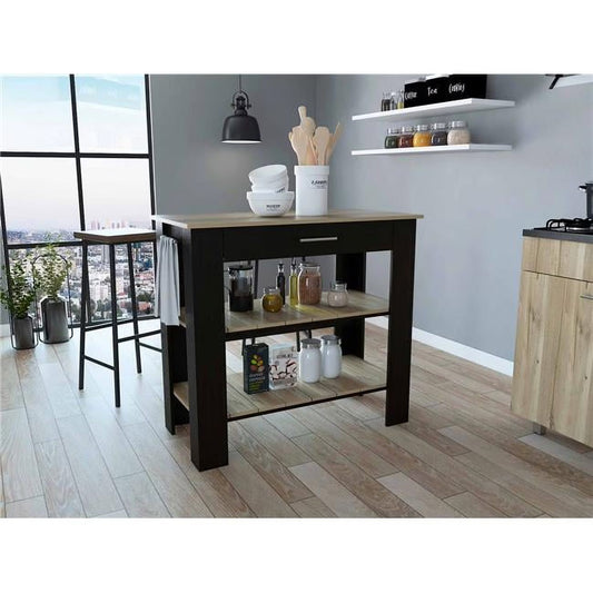 Depot E-Shop Delos 40 Kitchen Island with 2 Shelves, Drawer, 4 Legs, and Towel Rack, Black/Light Oak
