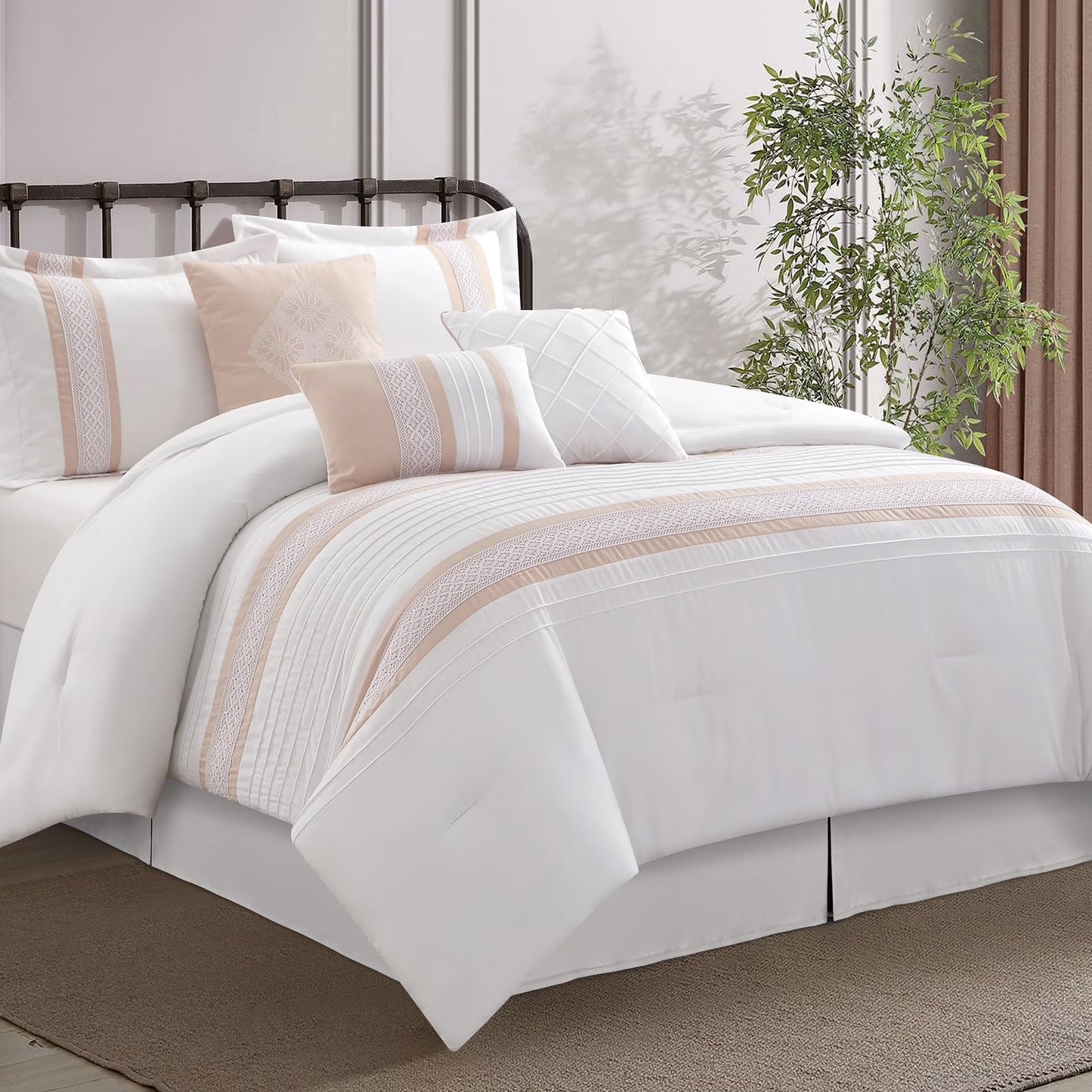 Lanco Striped 7 Piece Taupe Comforter Set, King Size Microfiber Bedding, All Season Bedding Set, Bed Skirt, Pillows & Shams