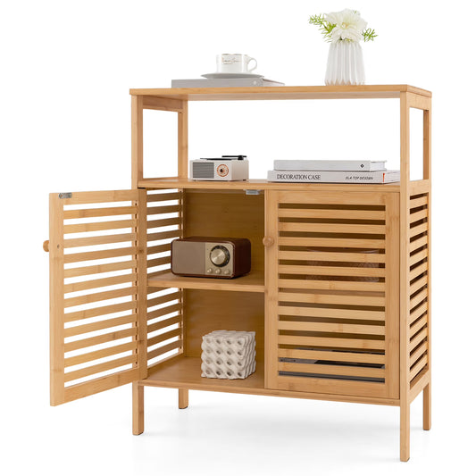 Gymax Bathroom Floor Cabinet Freestanding Bamboo Storage Organizer w/Double Shutter Doors