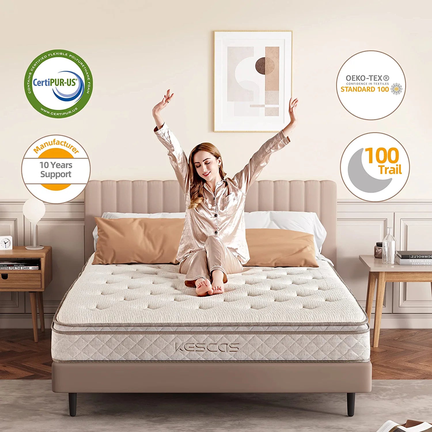 Queen Size Hybrid Mattress, Kescas 10 inch Euro Top Linen Cover Innerspring Mattress in a Box, with CertiPUR-US Certified Memory Foam, Plush Yet Supportive