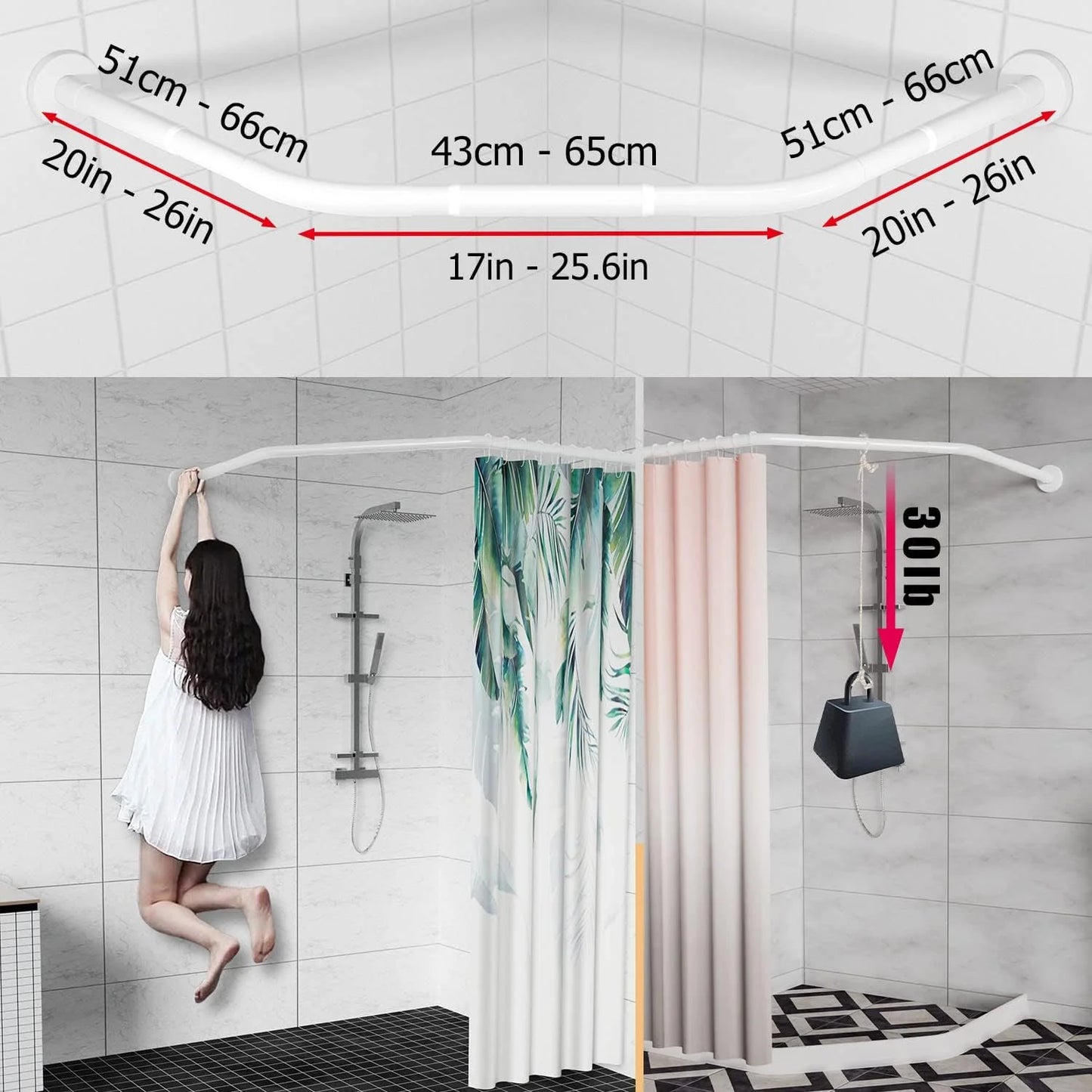 Gleam Adorn Diamond Shaped Shower Curtain Rod (Both Sides: 17"-25.6",Middle:20"-26) Stretchable True 304 Stainless Bathroom Bathtub Corner Rack White