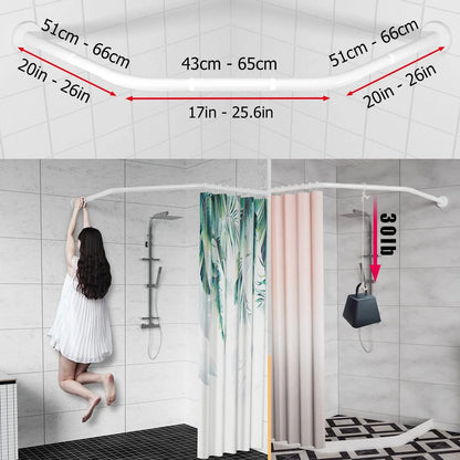 Gleam Adorn Diamond Shaped Shower Curtain Rod (Both Sides: 17"-25.6",Middle:20"-26) Stretchable True 304 Stainless Bathroom Bathtub Corner Rack White