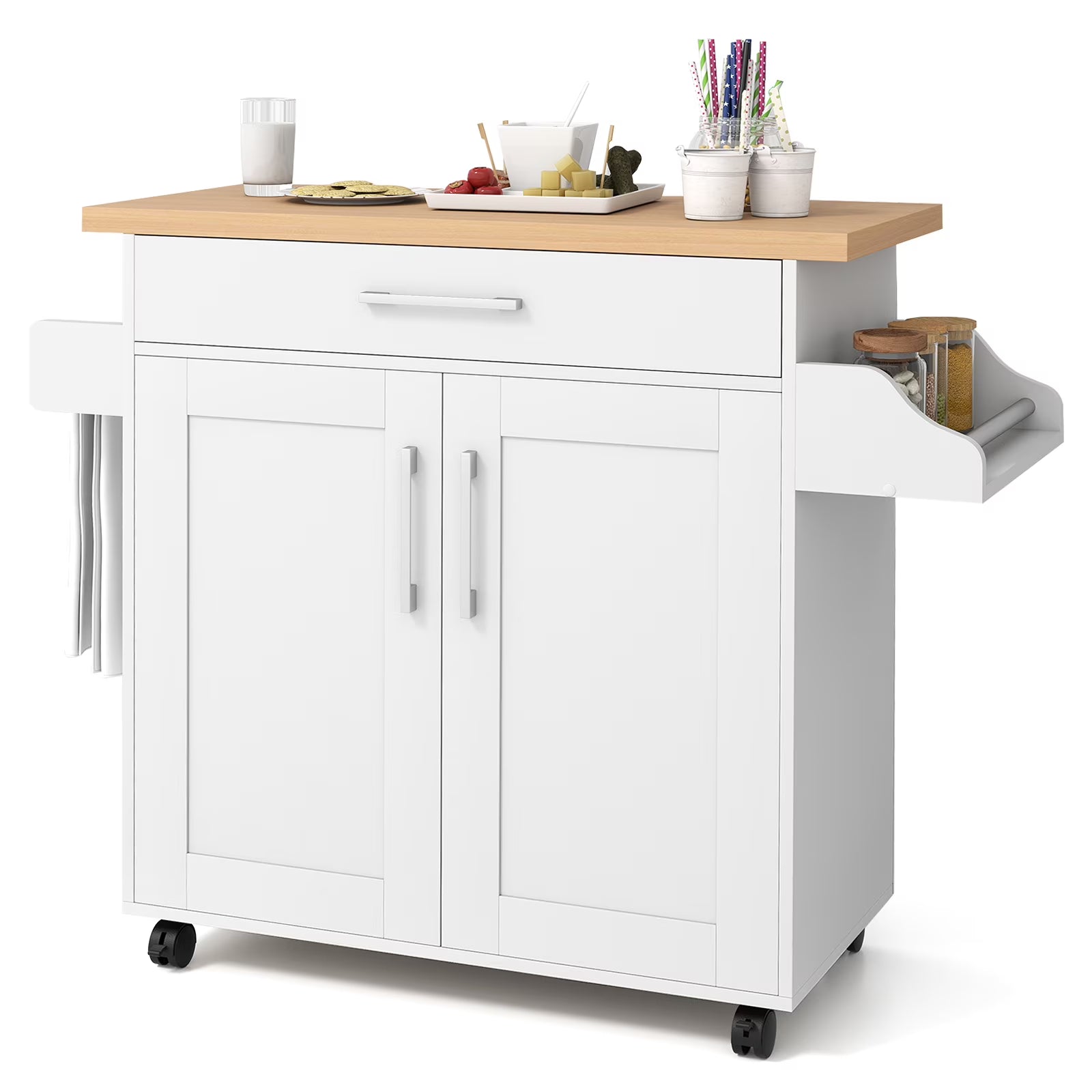 Giantex Kitchen Island Cart with Storage Cabinet on Wheels, Spice Rack Towel Rack & Drawer, Gray
