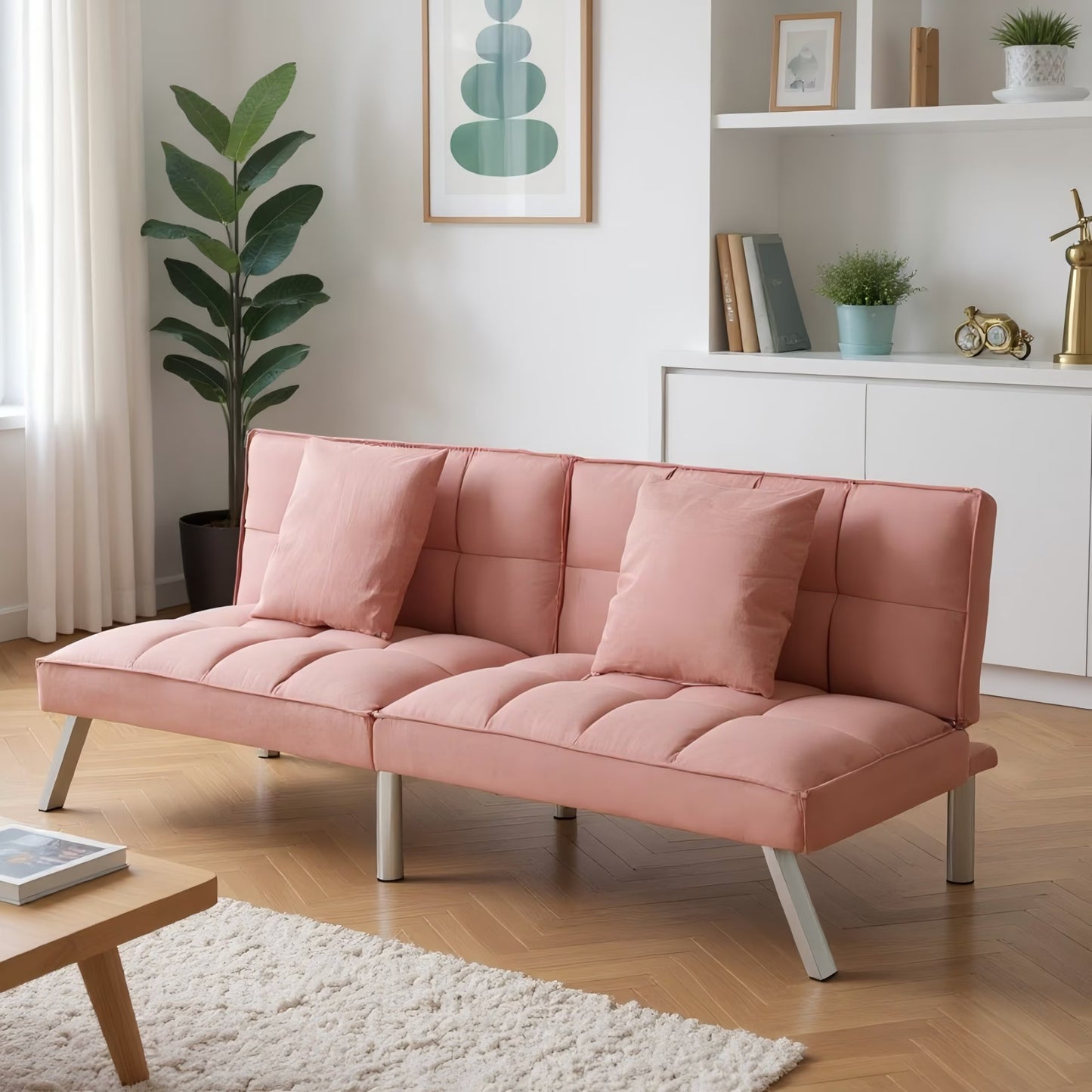 Gewnee Modern Velvet Futon Sofa Bed,67.7" Convertible Sleeper Sofa Bed with Throw Pillows Adjustable Backrest Angles,Loveseat for Small Place,Olive