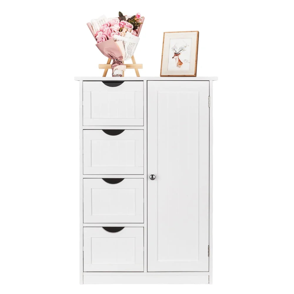 Ktaxon Wooden Bathroom Floor Cabinet,Side Storage Organizer Cabinet with 4 Drawers,1 Cupboard & 2-Shelves,MDF,White