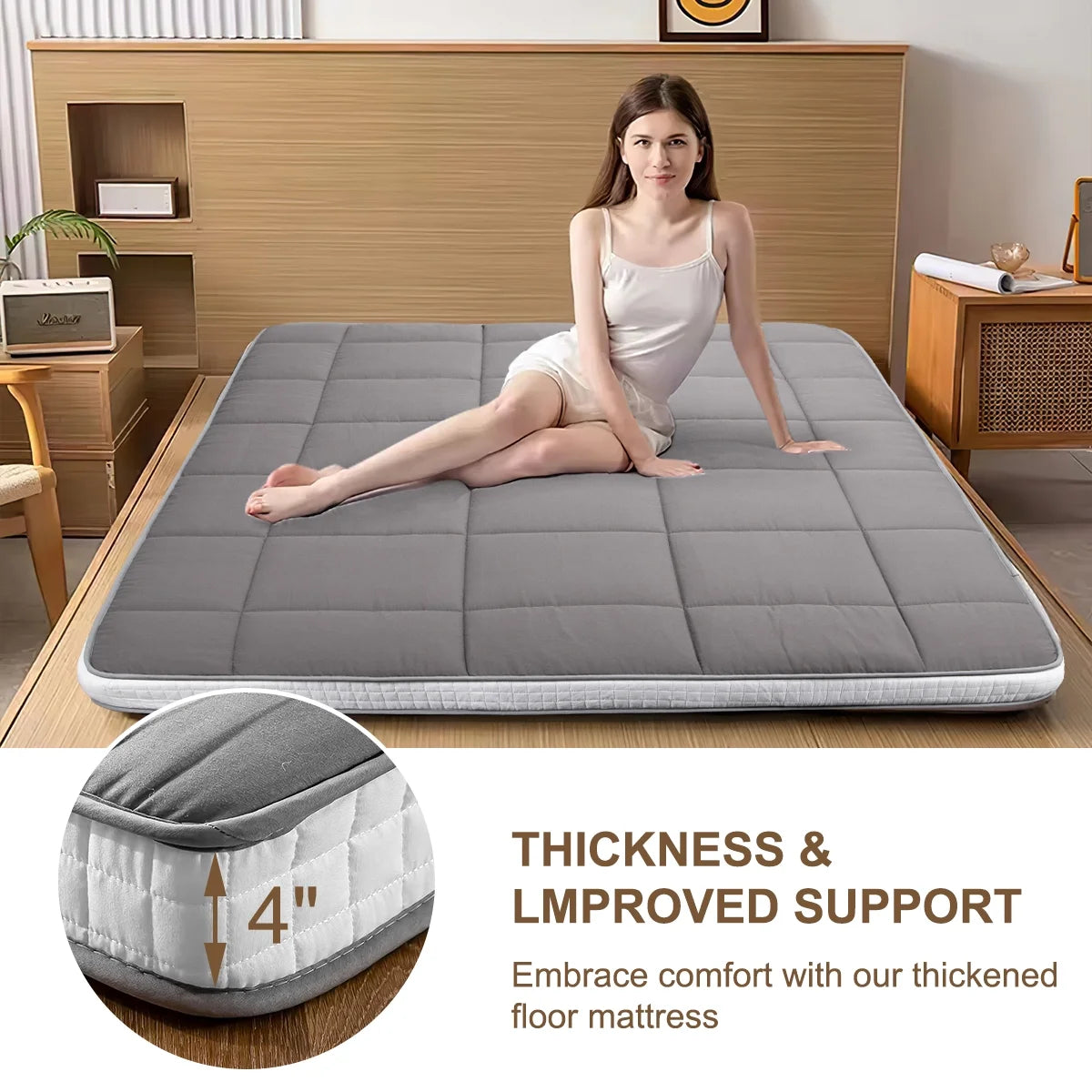 CshidWorld Japanese Floor Mattress, Futon Mattress w/Storage Bag & Washable Cover, Roll up Floor Mattress 4° F Thick Tatami Mattress Quilted Bed Mattress Topper for Dorm, Guest Room, Gray, Queen