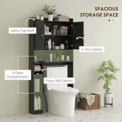 HOMCOM Over the Toilet Storage Cabinet, Farmhouse Above Toilet Bathroom Organizer with Barn Doors, Adjustable Shelf, Toilet Paper Holder, Black
