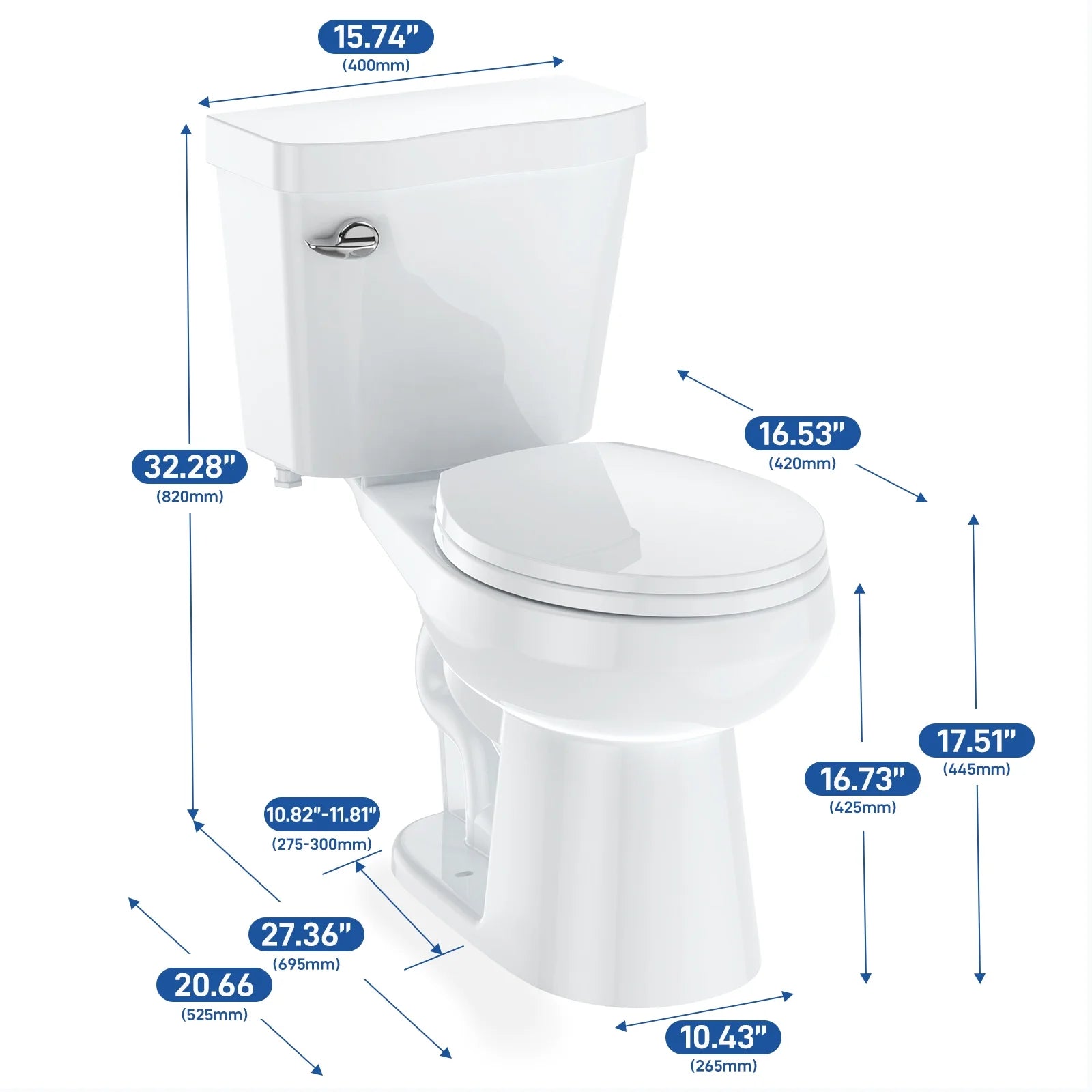 Two Piece Toilet, Elongated ADA 17" Height, Side Press Flush Split Toilet with Under-Locking Lid, Toilets for Bathrooms Comfort, Powerful Flushing American Standard Toilet, White