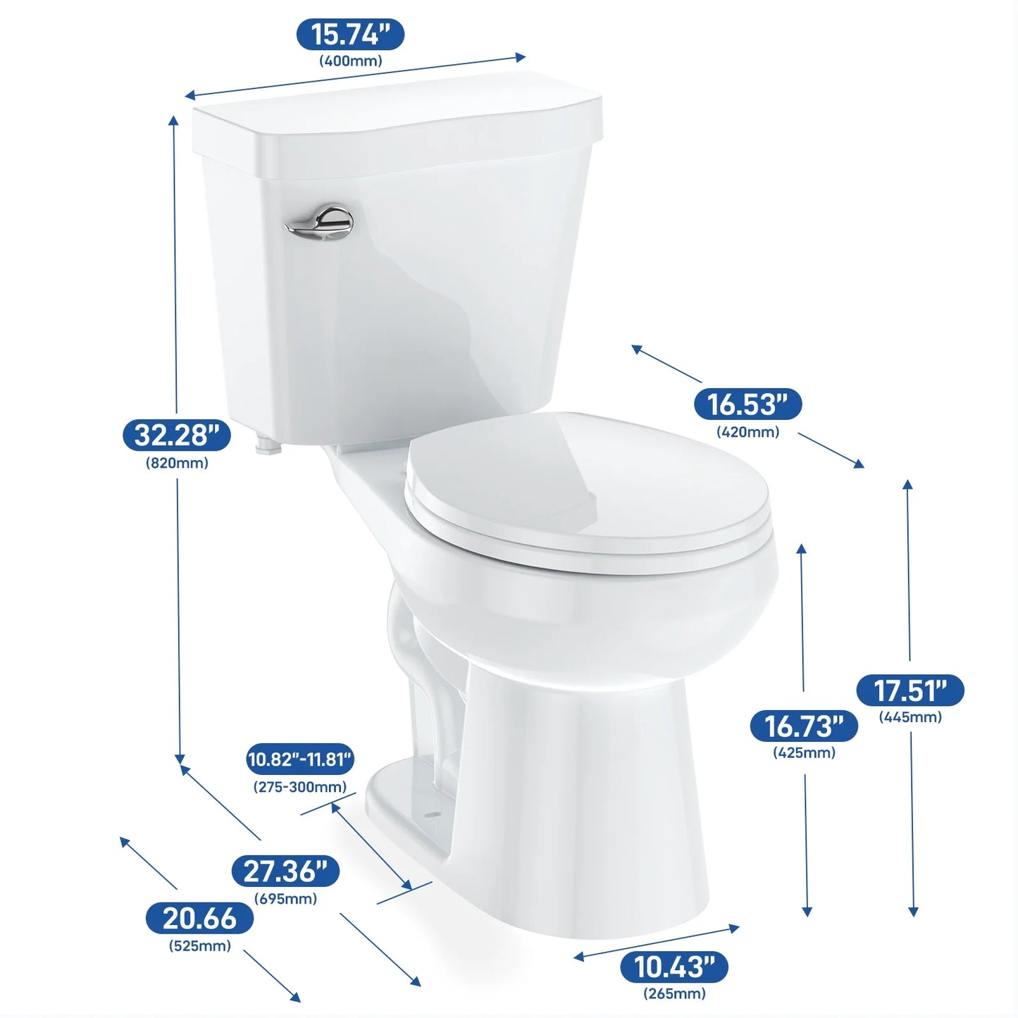 17" Toilet, Round Toilets for Bathrooms, Two-Piece Toilet with Soft Close Seat, 1.28 Siphonic Flush Toilet with Universal Height Cotton White