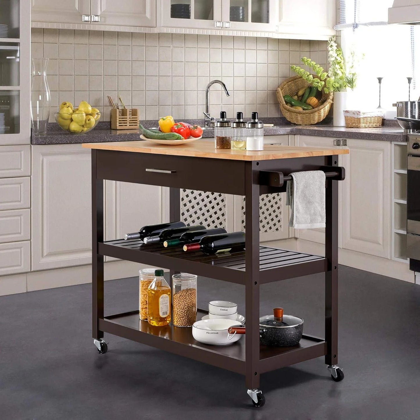 Hyxoo Kitchen Island Cart on Wheels with Bamboo Tabletop, 3-Tier Rolling Kitchen Island Microwave Cart with Drawer, Detachable Towel, 3 Hooks40"W x 20"D x 36.5"HEspresso