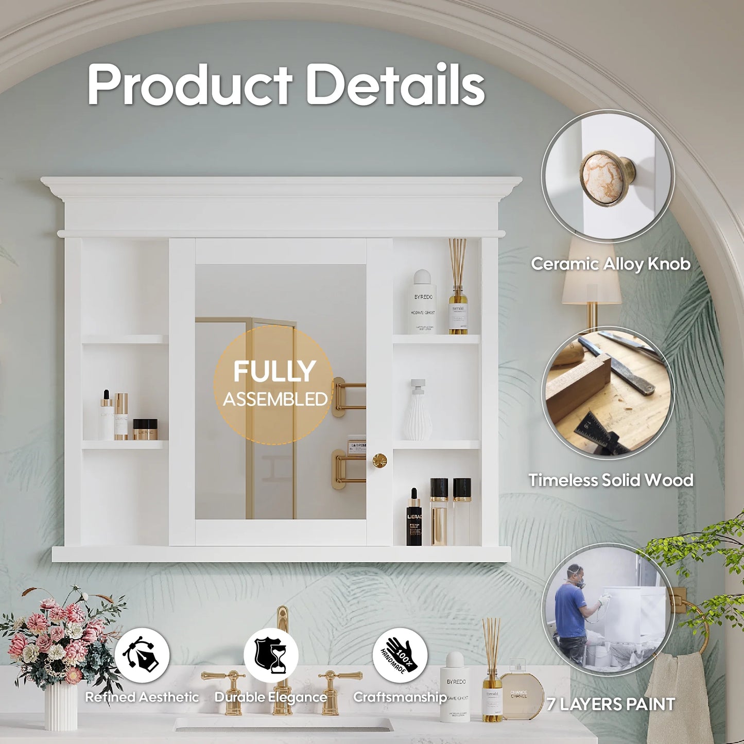 FORCLOVER 40"x 32" Bathroom Medicine Cabinet with 3 Adjustable Shelves, Recessed Mount Wooden Medicine Cabinet Storage with Mirrors and Soft-Close Door, White