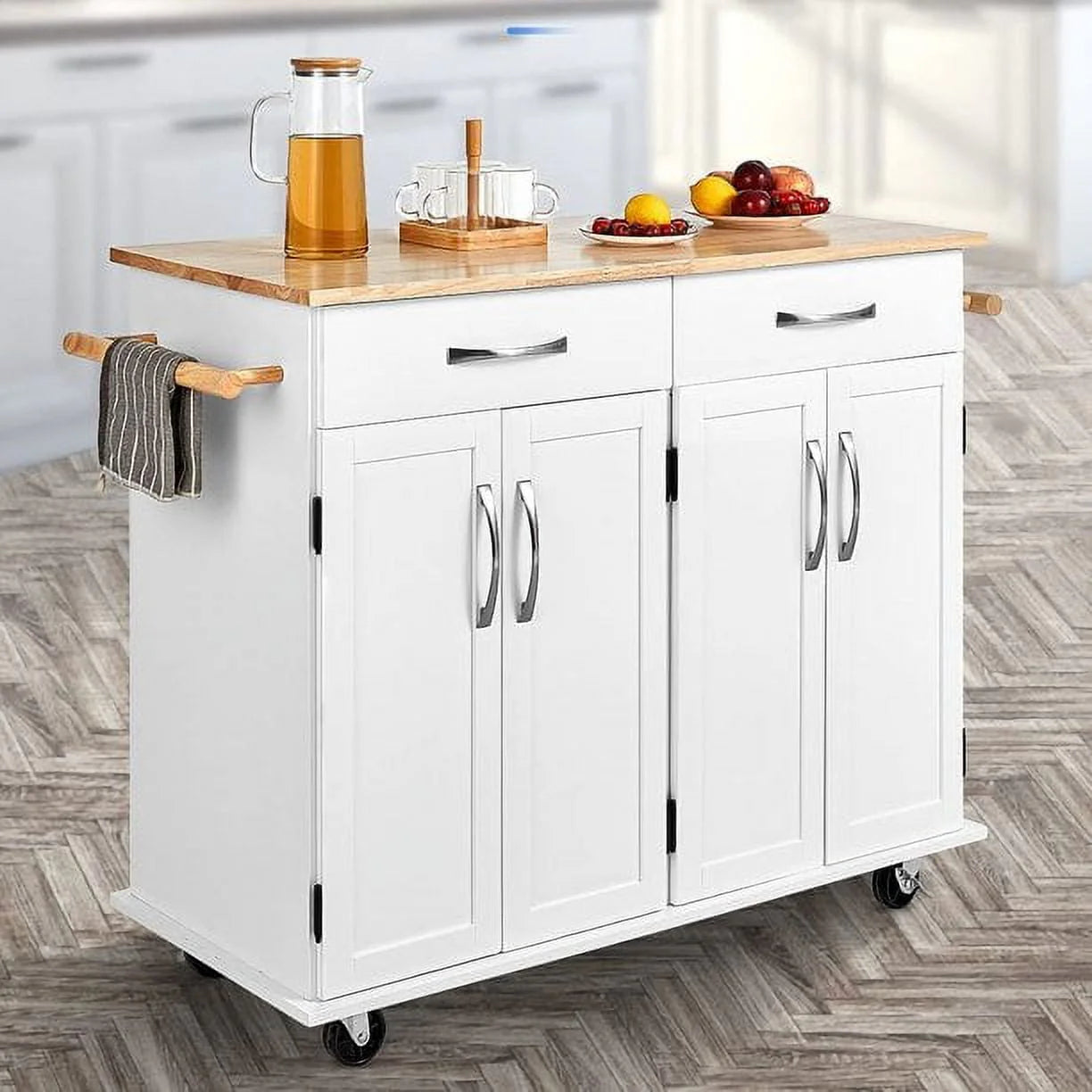 Homfa Kitchen Island on Wheels, Rolling Island Cart with Lockable Casters, Handle Towel Rack and 2 Drawers, Black