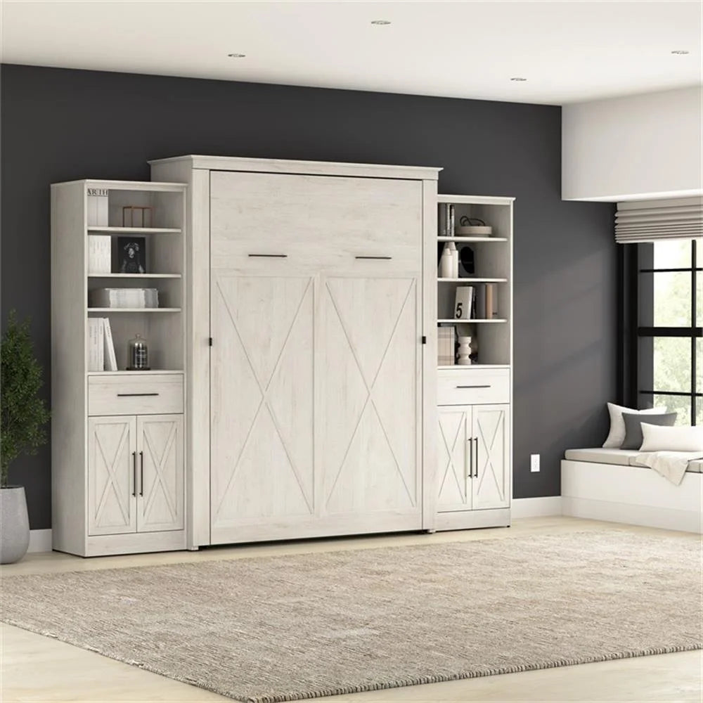 Pemberly Row Queen Murphy Bed and Wardrobes (119W) - Engineered Wood in White