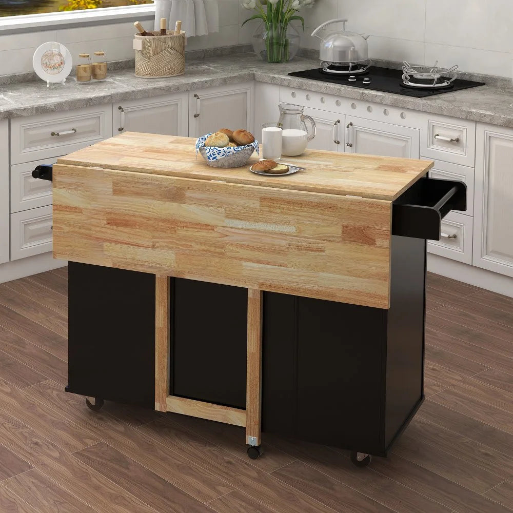 Tcbosik Kitchen Cart Rolling Storage Islands on wheels, Kitchen Cart with Drawers, Spice Rack, Towel Rack, Extensible Solid Wood Table Top, Black