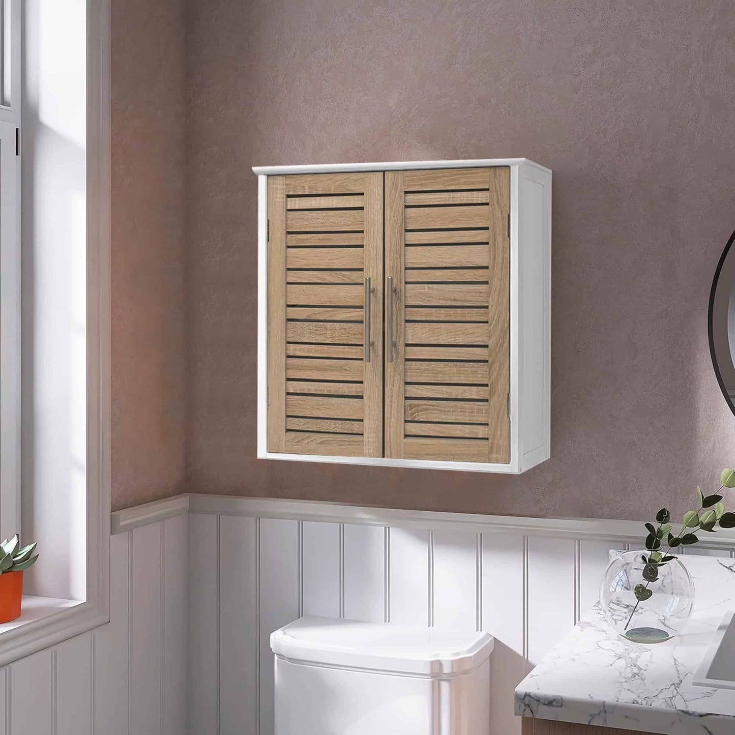 Tall Bathroom Storage Cabinet with Open Shelves and Vented Door, Slim Linen Cabinet for Compact Bathroom Organization, White and Oak Finish - Stockholm Collection