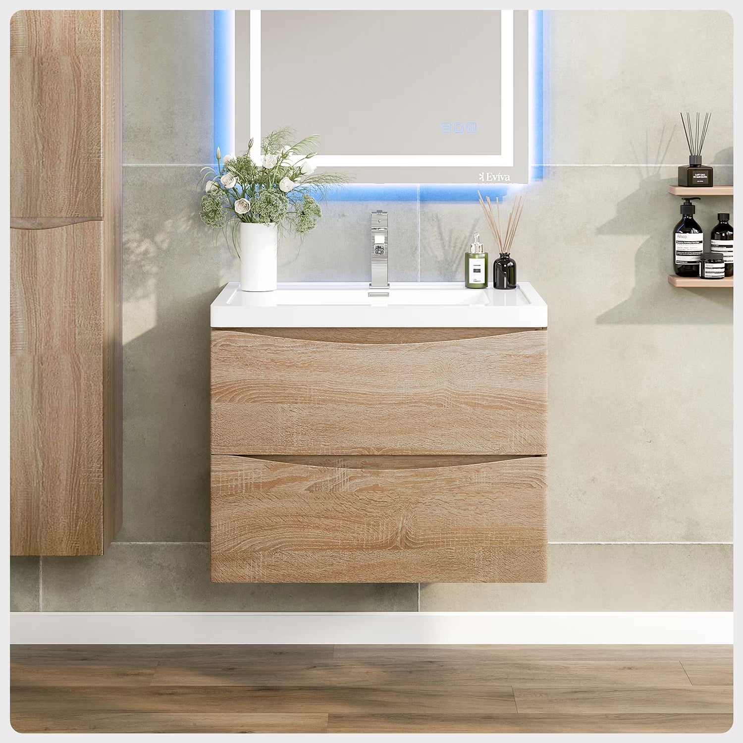 Eviva Smile 30" White Oak Wall Mount Modern Bathroom Vanity w/White Integrated Top