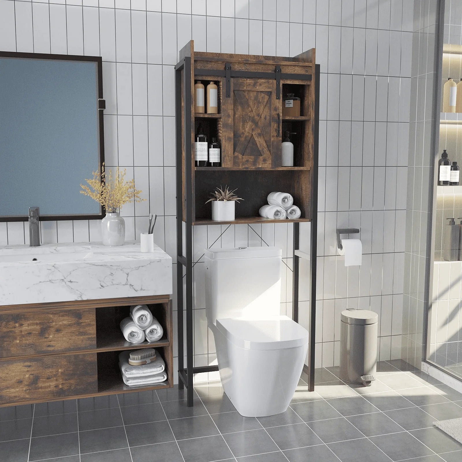 PWFE Farmhouse Over Toilet Bathroom Organizer, Freestanding Over The Toilet Storage Cabinet with Sliding Barn Door, Bathroom Space Saver Toilet Stands(Tan with metal frame)