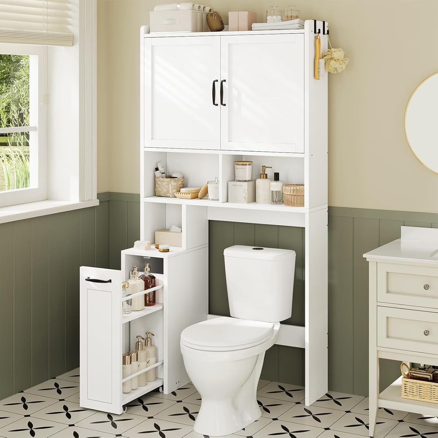 Frhnenha Over The Toilet Storage Cabinet with Pulley, Bathroom Storage Cabinet, with Adjustable Shelf and Open Shelf for Bathroom, Restroom, Laundry, White
