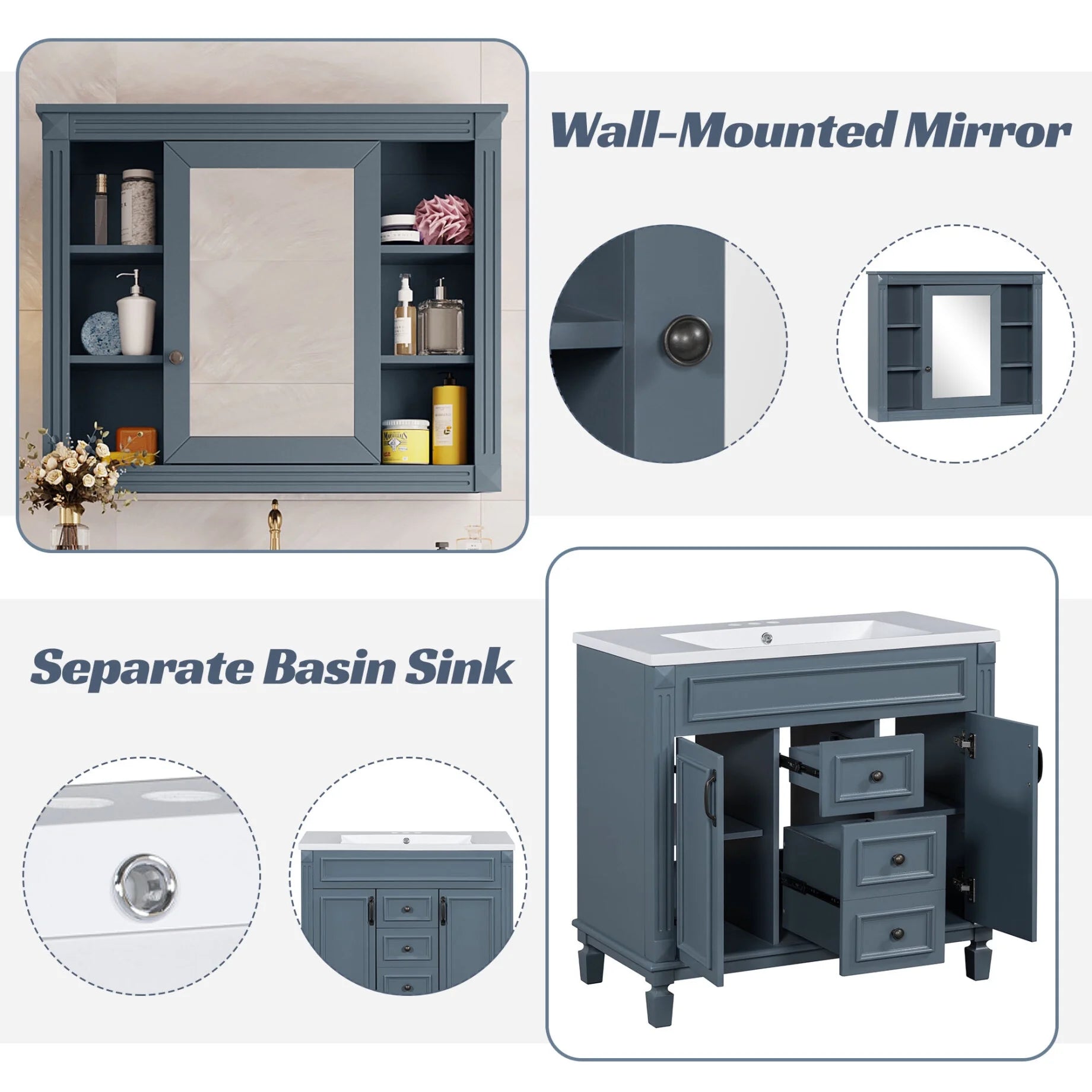 Modern Bathroom Cabinet Set with Top Sink, Bathroom Vanity with Wall Mounted Bathroom Storage Cabinet, 2 Soft Closing Doors, 2 Drawers, Water-Resistant Paint, Grey