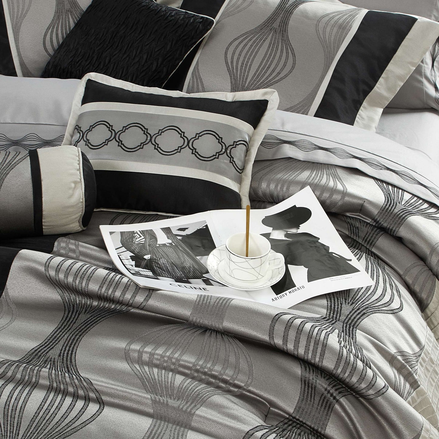 Lanco Black Silver Comforter Set , California King Size , 7 Pieces Fashion Jacquard Bedding Set