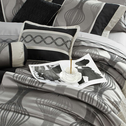 Lanco Black Silver Comforter Set , California King Size , 7 Pieces Fashion Jacquard Bedding Set