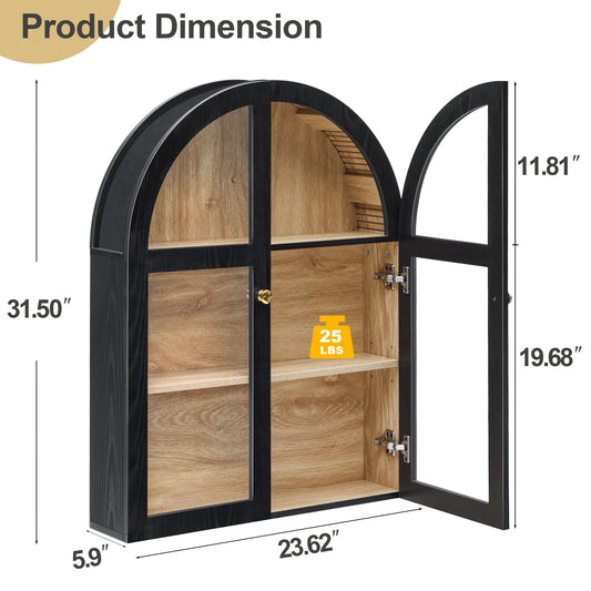 LEFHDA Arched Wall Cabinet with Glass Door, Black Open Storage Cabinet, Hanging Bathroom Shelf, Modern Wall Bathroom Cabinet with Adjustable Shelf Gold Metal Handles