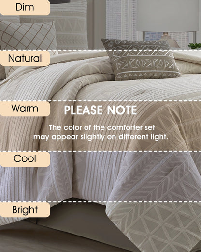 Lanco 100% Cotton Queen Size Comforter Set , 6 Piece , Beige Geometric Jacquard Bedding Set