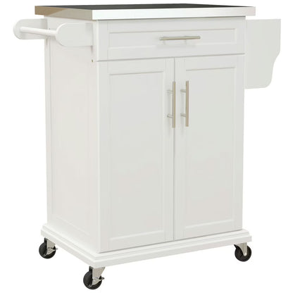 Barara King Kitchen Island,Rolling Island on Wheels, Kitchen Island Cart with Drawer, Towel Rack & Stainless Steel Countertop, Cream White