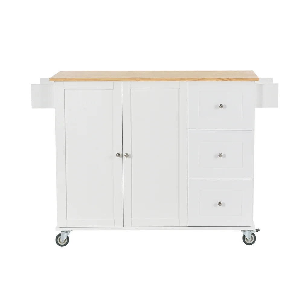 Kitchen Island Cart with Drop-Leaf Tabletop and Locking Wheels, 52.7" Large Kitchen Trolley Cart with 2 Door Cabinet and 3 Storage Drawers, Spice Rack Towel Rack, Rolling Kitchen Island Cart, White
