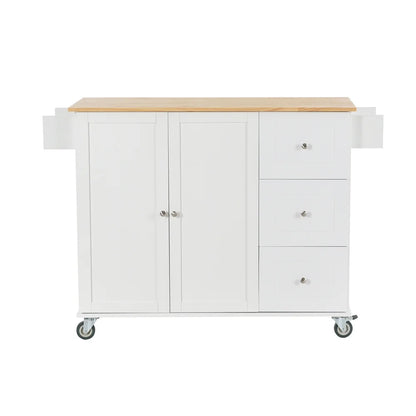 Kitchen Island Cart with Drop-Leaf Tabletop and Locking Wheels, 52.7" Large Kitchen Trolley Cart with 2 Door Cabinet and 3 Storage Drawers, Spice Rack Towel Rack, Rolling Kitchen Island Cart, White