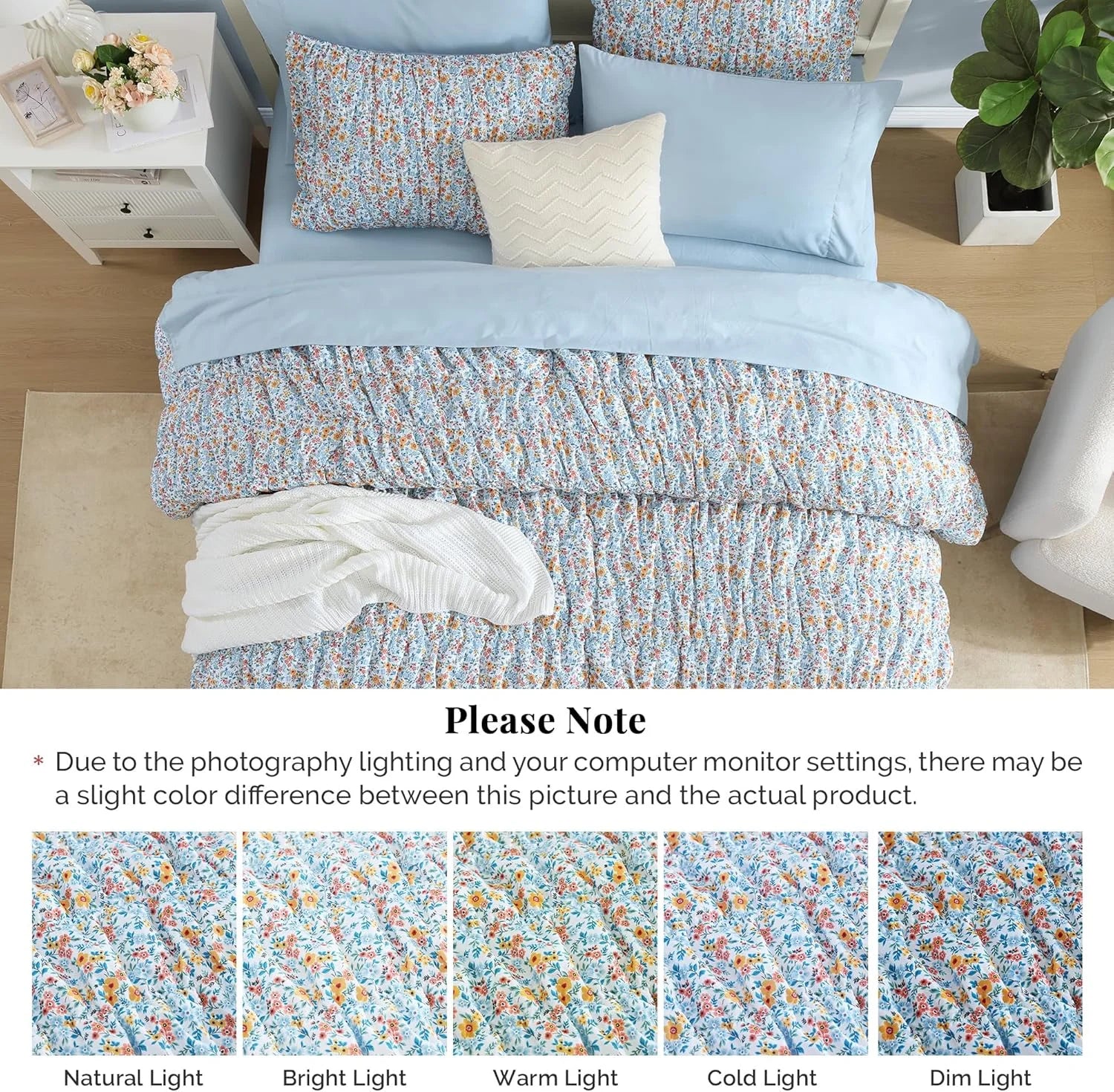 7 Pieces Blue Classic Puff Floral Bedding Sets for All Seasons, Shabby Chic Farmhouse Bed in a Bag Queen with Wildflowers Fluffy Comforter, Sheets, Pillowcases & Shams