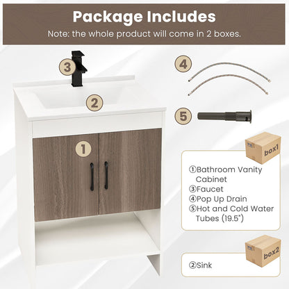 Gymax 25'' Bathroom Vanity Sink Combo w/Doors Open Shelf Backsplash Faucet Pop Up Drain