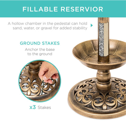 Best Choice Products Solar Lighted Pedestal Bird Bath w/Planter, Integrated Panel - Bronze