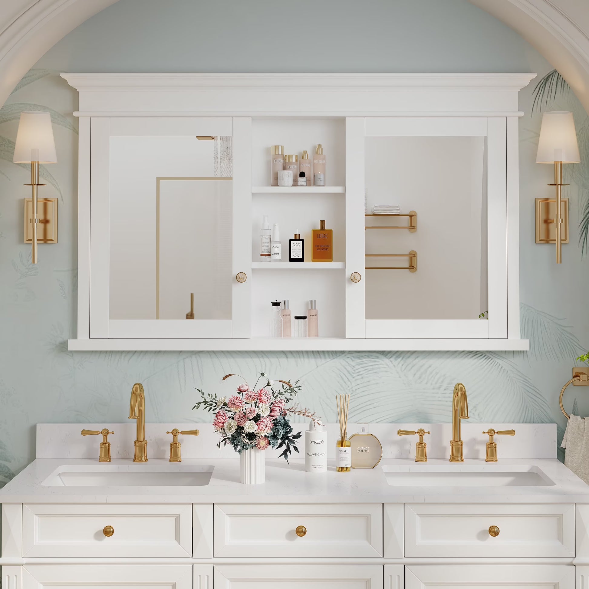 FORCLOVER 55"x 32" Bathroom Medicine Cabinet with 6 Adjustable Shelves, Recessed Mount Wooden Medicine Cabinet Storage with Mirrors and Soft-Close Door, White