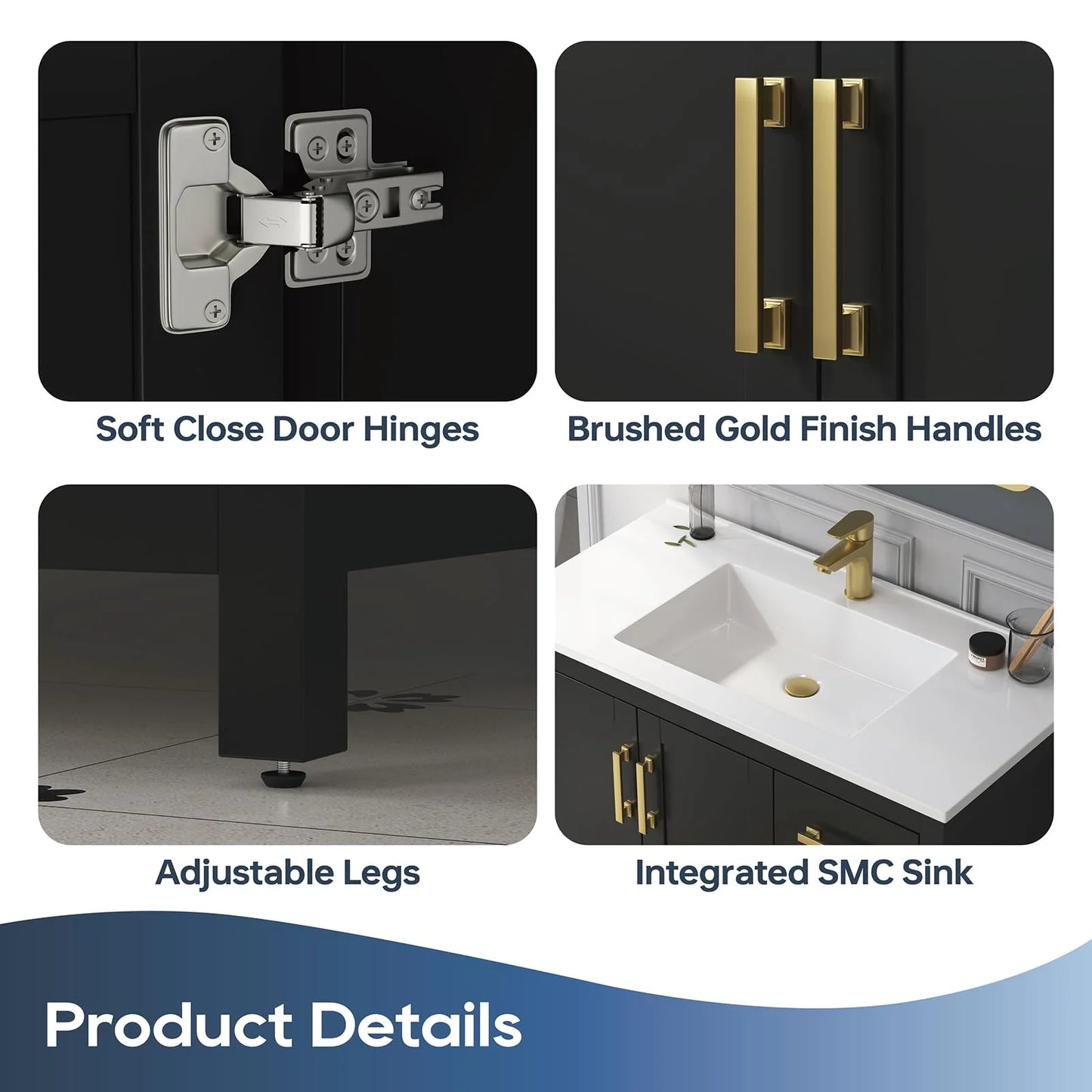 DELUXE LIVING 36 Inch Bathroom Vanity with Sink, Modern Black Bathroom Vanities with Adjustable Feets, 2 Soft-Closing Doors & 4 Drawers, Integral Sink