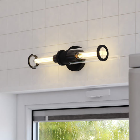 Levitt 2 Light Black Industrial Bathroom Vanity Wall Fixture with Clear Tube Glass