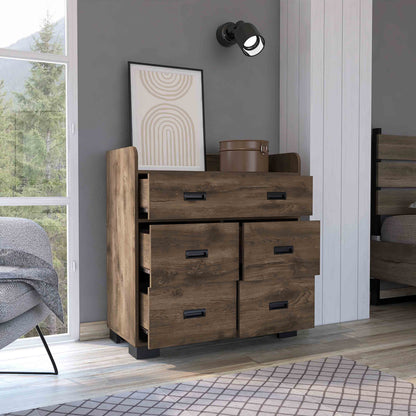 DUOSONG Alyn Dresser, Four Legs, Four Drawers, One Double Drawer, Superior Top -Dark Brown Brown Particle Board Furniture Bedroom Furniture Dressers, Chests & Wardrobes