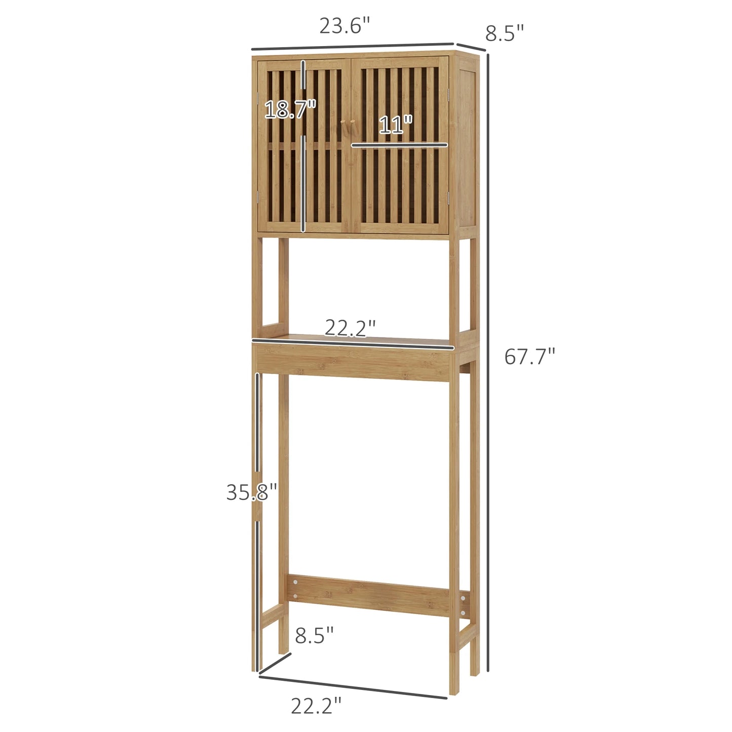 HOMCOM Bamboo Over the Toilet Storage Cabinet, Bathroom Space Saver Above Toilet with Double Slatted Doors, Adjustable Shelf and Open Shelf, Natural