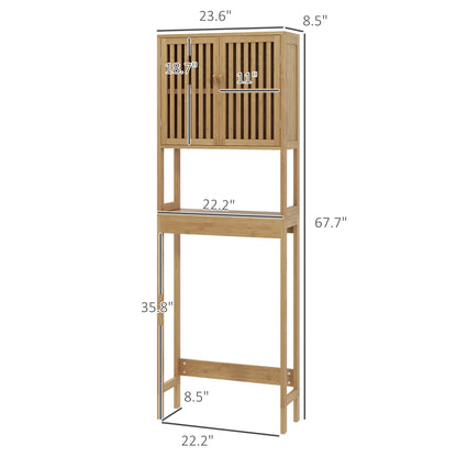 HOMCOM Bamboo Over the Toilet Storage Cabinet, Bathroom Space Saver Above Toilet with Double Slatted Doors, Adjustable Shelf and Open Shelf, Natural