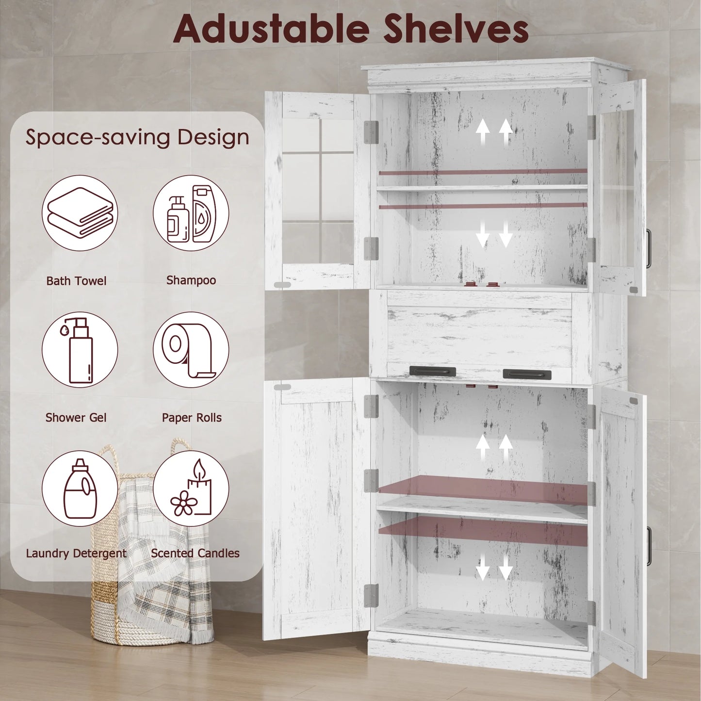 Bathroom Cabinet, Tall Storage Cabinet with Doors and Adjustable Shelf, Freestanding Floor Pantry Cabinet for Kitchen, Living Room, Laundry Room, Home Office