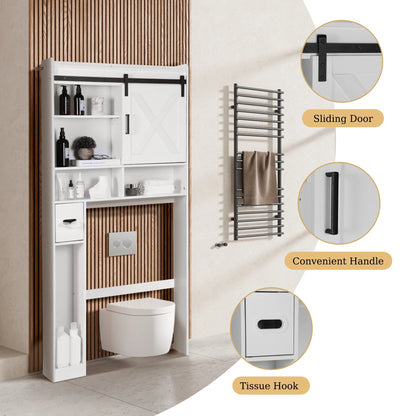 YISUFO Over The Toilet Storage Cabinet, Bathroom Organizer Shelf with 2 Barn Door & Toilet Paper Holder Stand, Space-Saving Toilet Rack