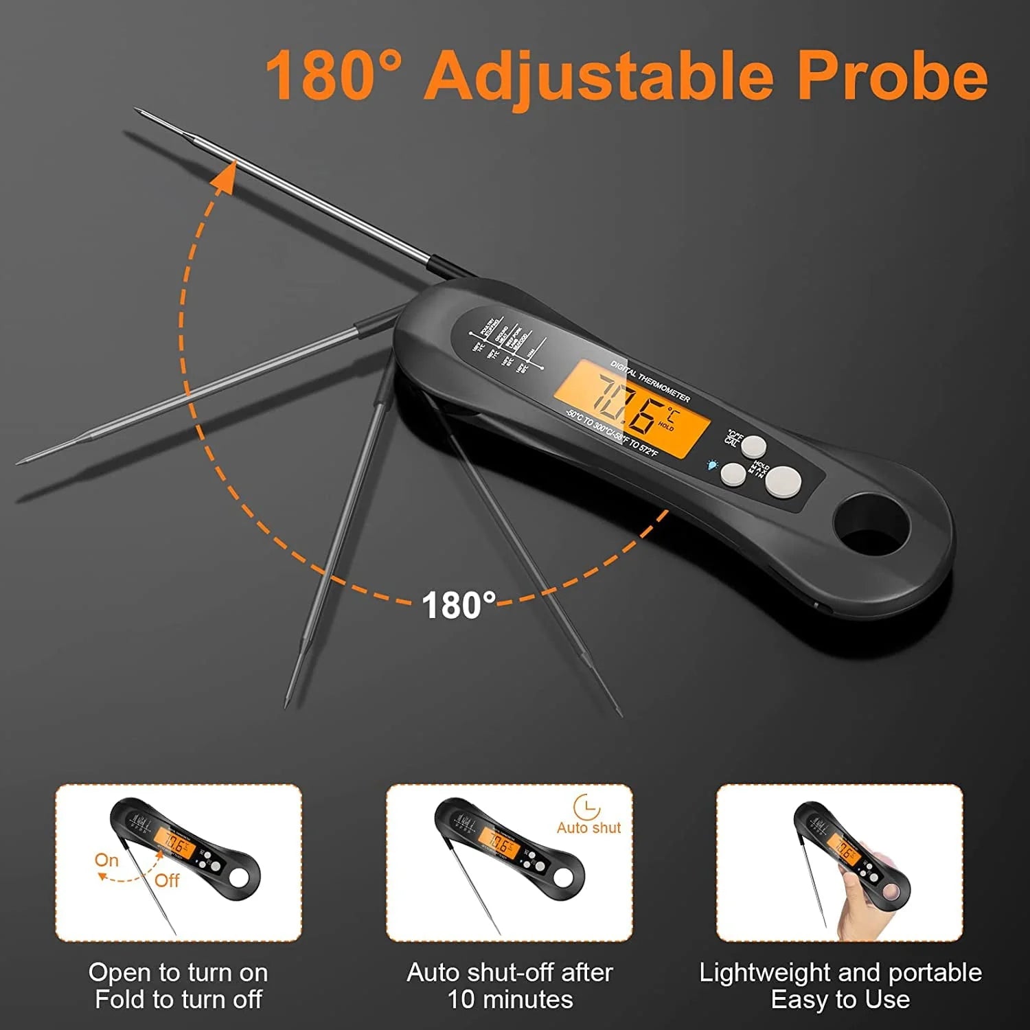 BEYCED Instant Read Digital Meat Thermometer,IP67 Waterproof Grill Thermometer with Magnet,Foldable Probe,Acklight,Calibration,Fast & Precise Reading for Kitchen,Cooking,BBQ,Candy,Beef,Turkey