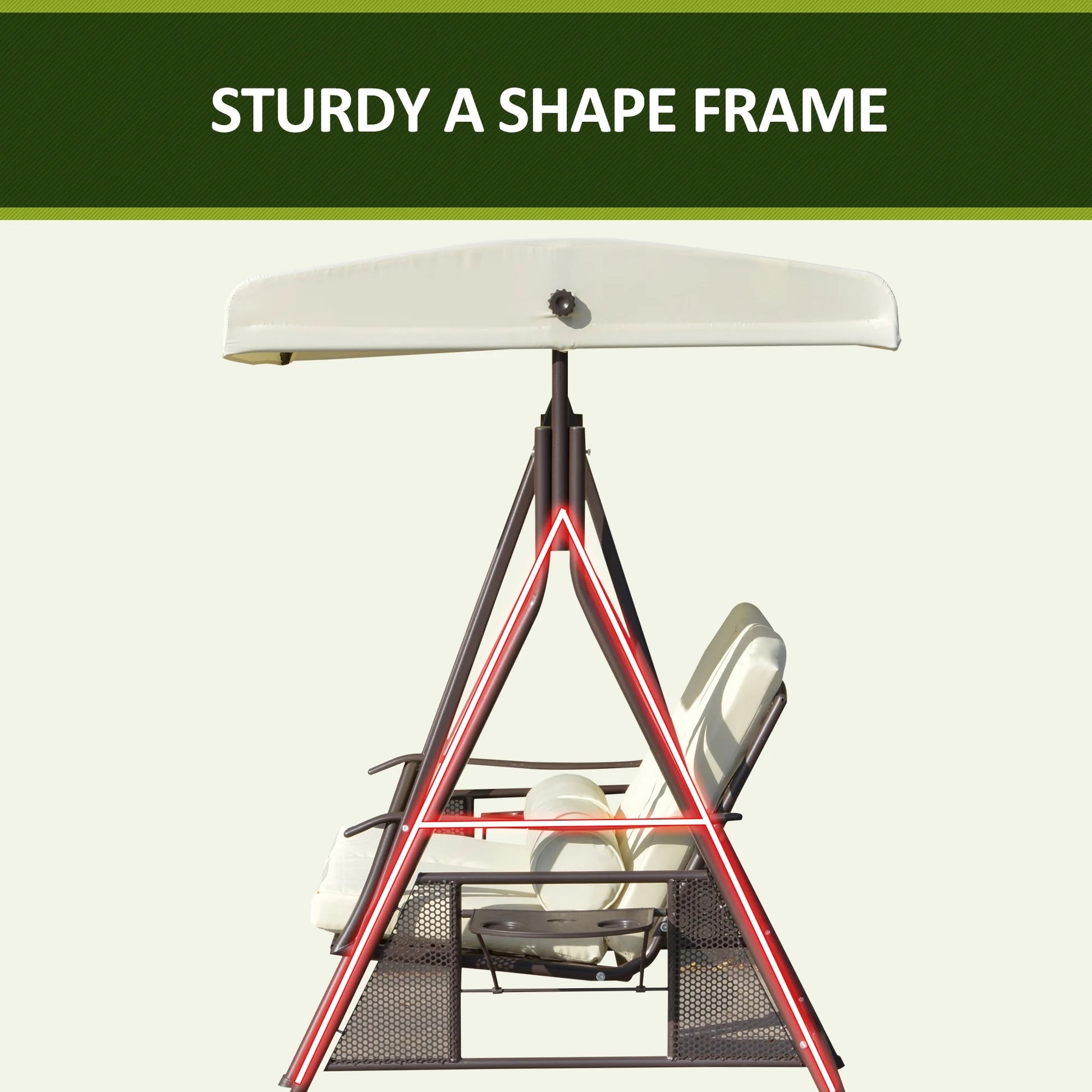 Outsunny 2-Person Patio Swing Bench with Adjustable Shade Canopy, Soft Cushions, Throw Pillows and Tray, Beige.