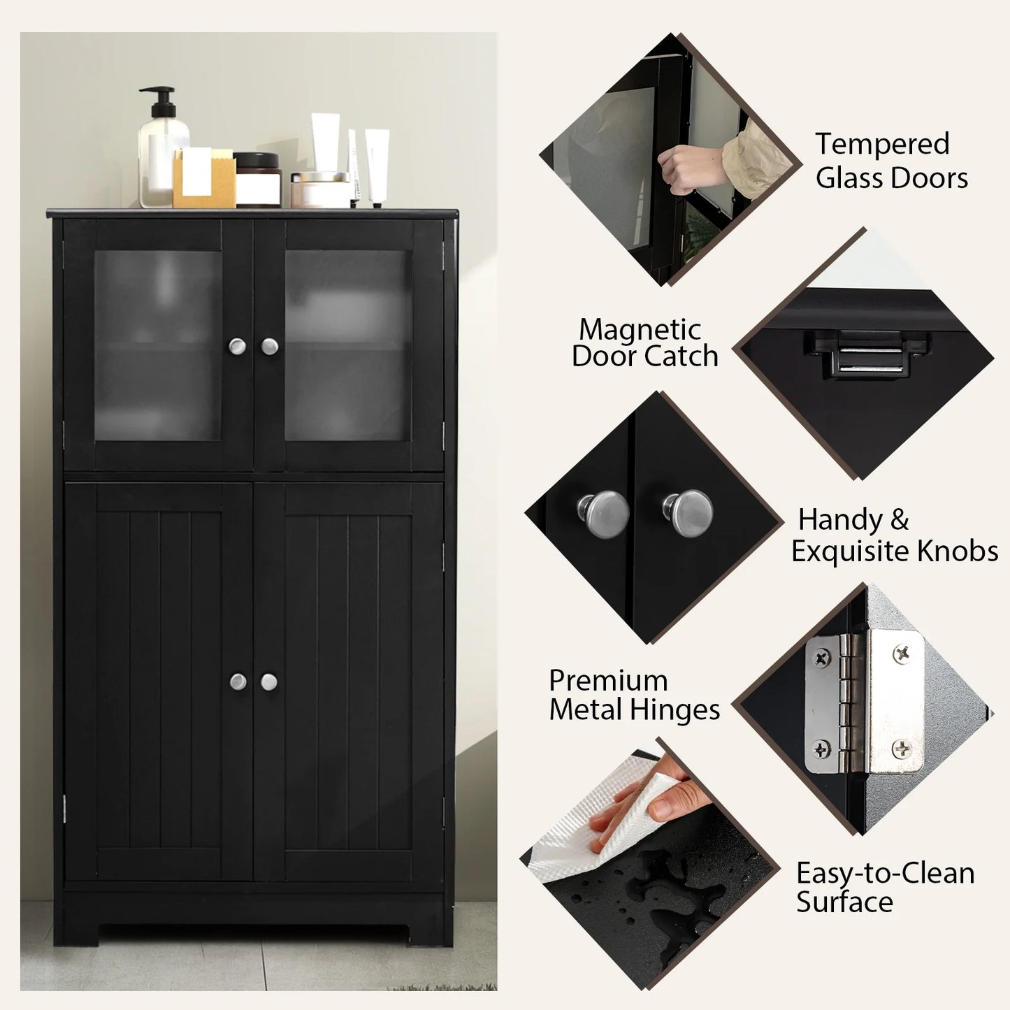 Costway Bathroom Floor Storage Cabinet Kitchen Cupboard w/Doors& Adjustable Shelf Black