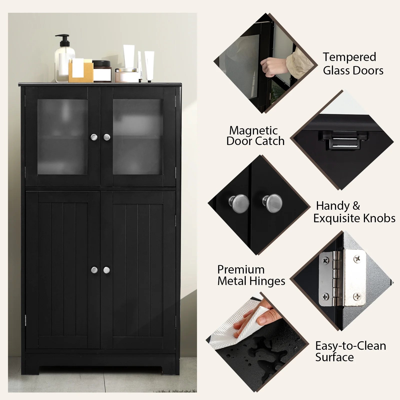 Costway Bathroom Floor Storage Cabinet Kitchen Cupboard w/Doors& Adjustable Shelf Black