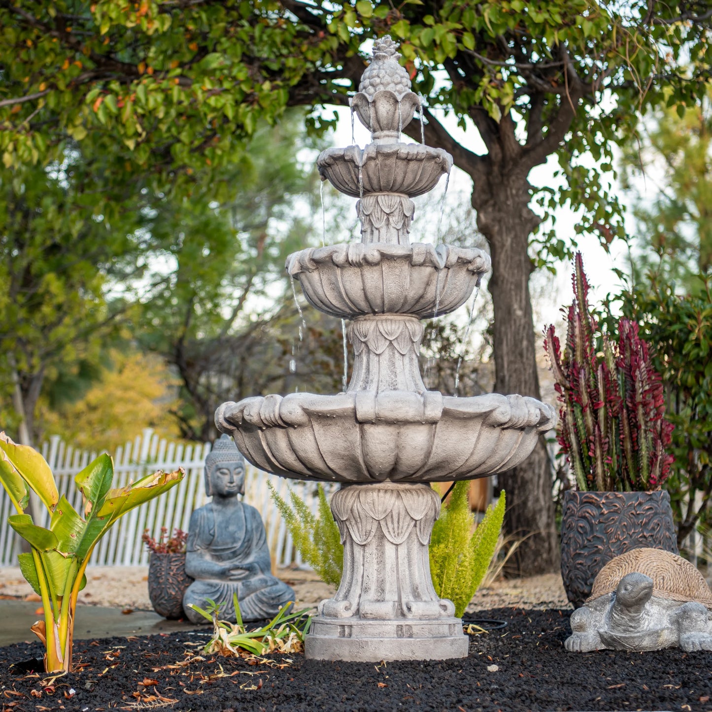 XBrand 58.3" 3-Tier Outdoor Freestanding Water Fountain - Classic Leaf Design, Gray Resin, Large Bird Bath with Pump - Ideal for Yard, Lawn and Garden, Porch Décor