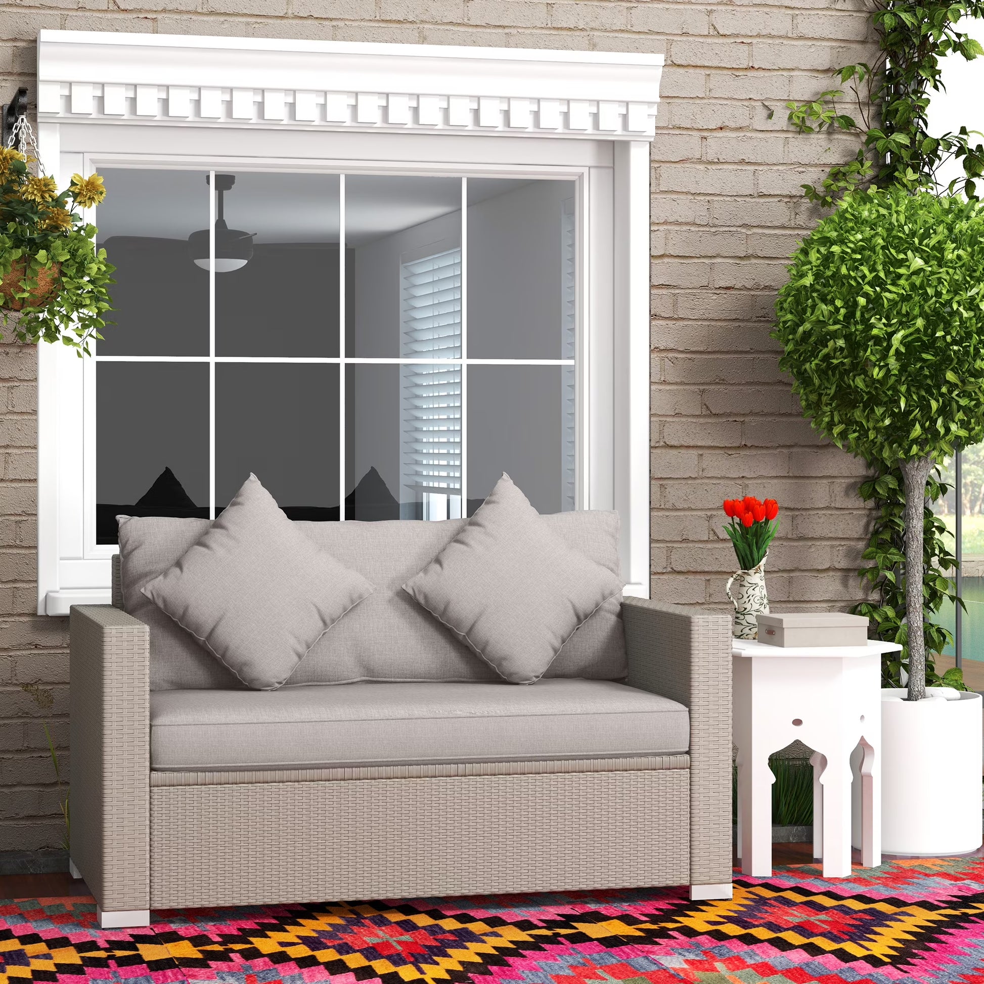Outsunny Outdoor Wicker Loveseat, Patio Furniture Couch with Cushions, 2 Seats PE Rattan Sofa, 2 Throw Pillows for Porch, Backyard, Pool, Beige