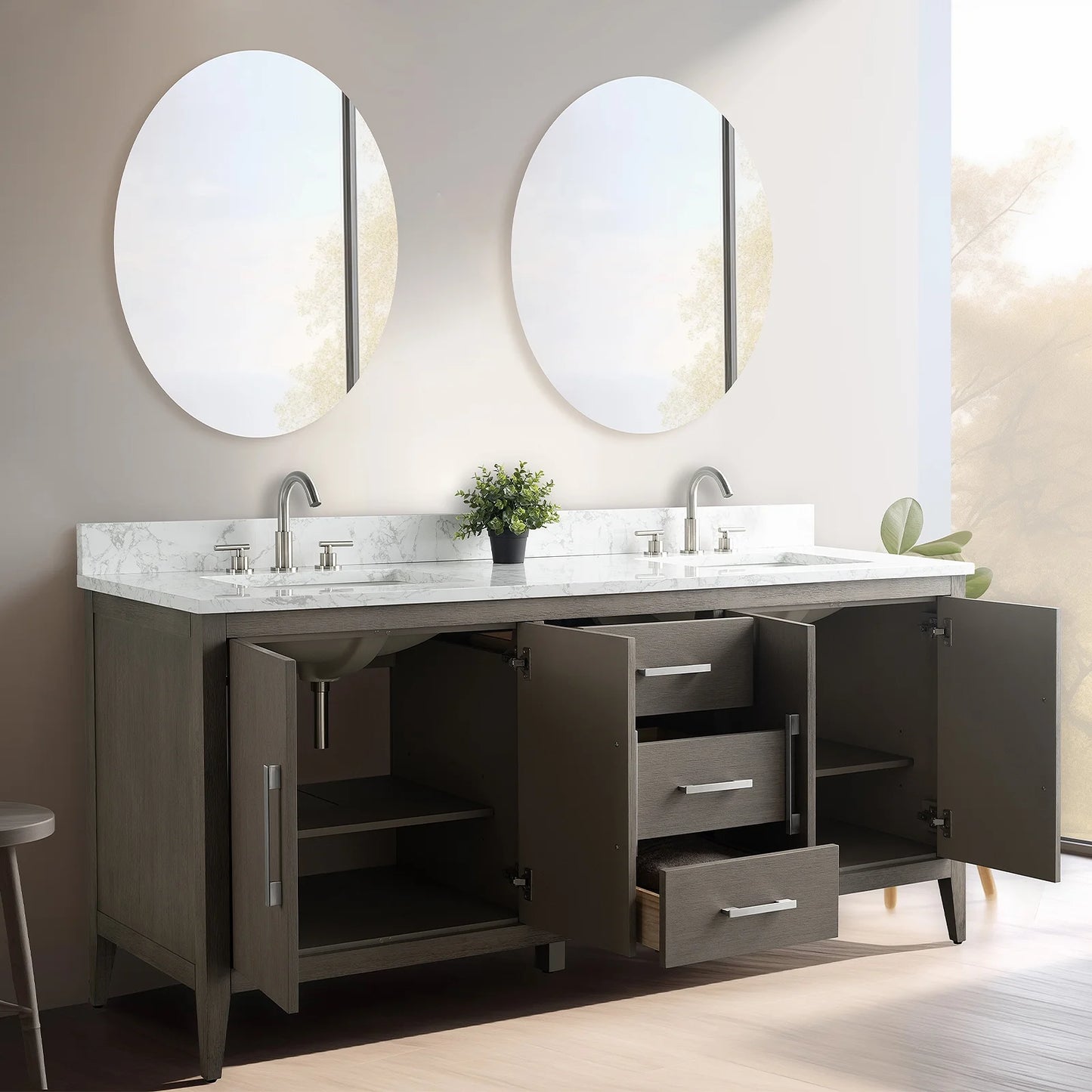 Vanity Art 72° Double Sink Bathroom Vanity Cabinet with Engineered Marble Countertop