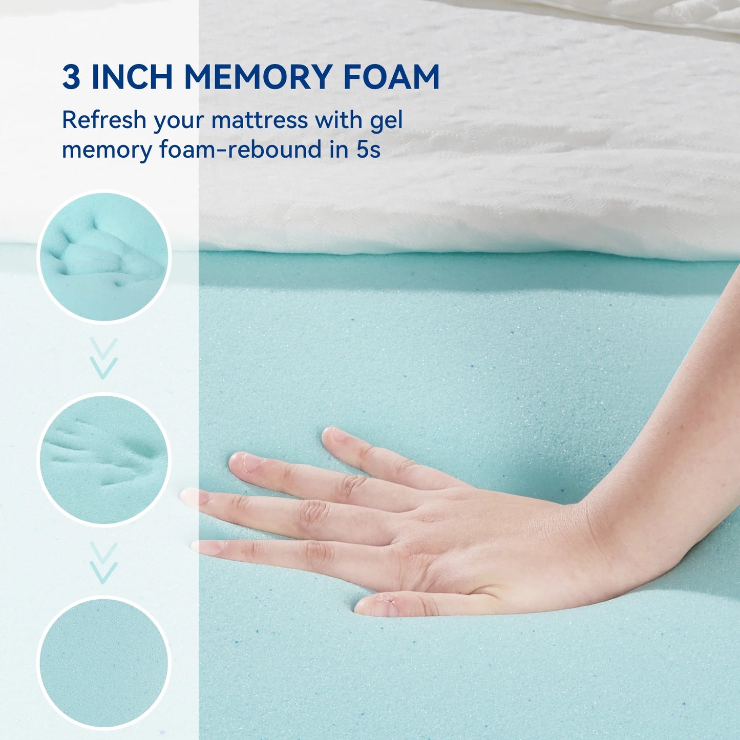 3 Inch Memory Foam Mattress Topper Queen Size Breathable Gel Memory Foam Cooling Mattress Topper Mattress Pad Cover for Back Pain Bed Topper with Washable Cover